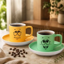 Bk Gift 2'li Sarı ve Yeşil Renkli Emoji Yüz Tasarımlı Seramik Türk Kahvesi Fincanı Takımı-2