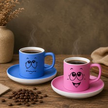 Bk Gift 2'li Mavi ve Pembe Renkli Emoji Yüz Tasarımlı Seramik Türk Kahvesi Fincanı Takımı-2