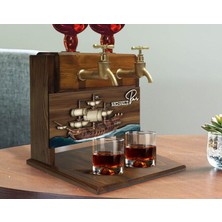 Bk Gift Kişiye Özel Kabartma Gemi Tasarımlı Isimli Çift Musluklu Doğal Ahşap Içki Standı-4, Içki Standı, Doğum Günü Hediyesi, Ev Hediyesi