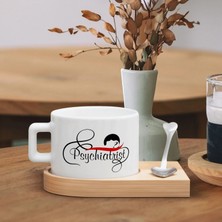 Bk Gift Kişiye Özel Isimli Psikiyatrist Tasarımlı-4, Ahşap Altlıklı Seramik Fincan, Meslek Hediyesi, Yeni Iş Hediyesi