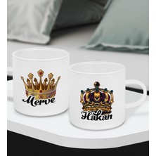 Bk Gift Kişiye Özel Kral Kraliçe Tacı Tasarımlı 2’li Buzlu Cam Türk Kahvesi Fincanı, Sevgiliye Hediye, Arkadaşa Hediye, Anneye Hediye, Ofis Hesiyesi