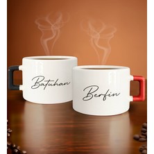 Bk Gift Kişiye Özel Isimli Tarihli Siyah ve Kırmızı Kulplu 2li Çay & Kahve Fincanı, Arkadaşa Hediye, Sevgiliye Hediye