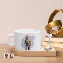 Bk Gift Kişiye Özel Baba Kız Karikatürlü-20, Ahşap Altlıklı Seramik Fincan, Babaya Hediye, Arkadaşa Hediye