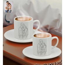 Bk Gift Kişiye Özel Line Art Tasarımlı 2'li Türk Kahvesi Fincanı-1, Arkadaşa Hediye, Sevgiliye Hediye, Eşe Hediye