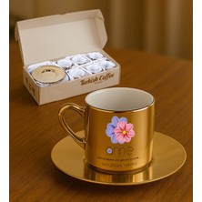 Bk Gift Kişiye Özel Anneler Günü Tasarımlı Porselen Metalik Altın Kahve Fincanı 6 'lı Set-2, Anneye Hediye, Anneler Günü Hediyesi