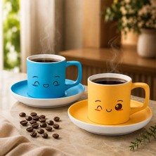 Bk Gift 2'li Turkuaz ve Sarı Renkli Emoji Yüz Tasarımlı Seramik Türk Kahvesi Fincanı Takımı-6