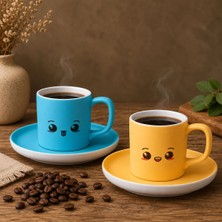 Bk Gift 2'li Turkuaz ve Sarı Renkli Emoji Yüz Tasarımlı Seramik Türk Kahvesi Fincanı Takımı-5