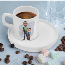 Bk Gift Kişiye Özel Sunum Tabaklı Baba Oğul Karikatürlü Kahve Fincanı-21, Aileye Hediye, Arkadaşa Hediye