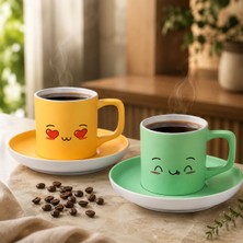 Bk Gift 2'li Sarı ve Yeşil Renkli Emoji Yüz Tasarımlı Seramik Türk Kahvesi Fincanı Takımı-4