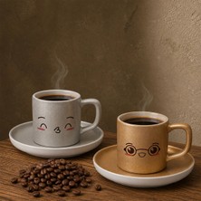 Bk Gift 2'li Gümüş ve Gold Renkli Emoji Yüz Tasarımlı Seramik Türk Kahvesi Fincanı Takımı-7