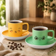 Bk Gift 2'li Sarı ve Yeşil Renkli Emoji Yüz Tasarımlı Seramik Türk Kahvesi Fincanı Takımı-7