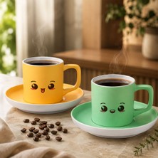 Bk Gift 2'li Sarı ve Yeşil Renkli Emoji Yüz Tasarımlı Seramik Türk Kahvesi Fincanı Takımı-5