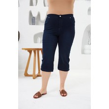Rmg Paça Düğme Detaylı Beli Lastikli Büyük Beden Lacivert Kapri