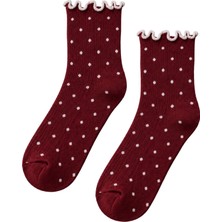 Carnaval Socks Kadın Bordo Puantiyeli Fırfırlı Yarım Konç Kısa Çorap