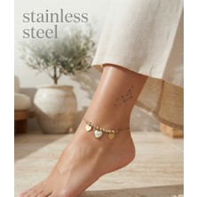 Stainless Steel Gold Renk Zincirli Kalp Motifli Çelik Halhal