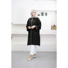 Suede Style 6346 - Rahat Fermuarlı Cepli Kol Düğme Detaylı Uzun Tunik Kap