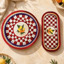Sarkap Home 34 cm Lemon Design Kırmızı Tepsi ve 16X35 Oval Tepsi Seti