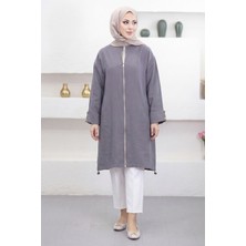 Suede Style 6346 - Rahat Fermuarlı Cepli Kol Düğme Detaylı Uzun Tunik Kap