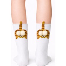 Carnaval Socks Krem Kedi Desenli Ponpon Detaylı Unisex Soket Çorap