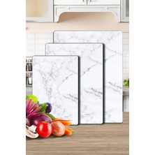 Decovetro 3'lü Cam Kesme Tahtası ve Sunumluk Beyaz Mermer Desenli 20 x 30, 25 x 35 ve 30 x 40 cm