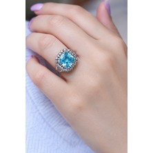Silveranka 925 Ayar Gümüş Otantik Aqua Kare Ice Cut Taşlı Hürrem Yüzük