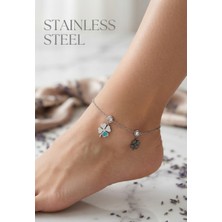 Stainless Steel Gümüş Renk Turkuaz Taşlı Yonca Model Çelik Halhal