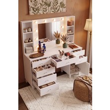 Robin Home Hollywood Makyaj Masası 7 Çekmece Kapaklı Düzenleyici Hollywood LED Işıklı Raflı Beyaz