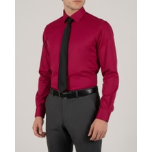 Italyan Stil Slim Fit Erkek Kravat Yaka Gömlek Kırmızı T14249