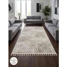NarStore Home Kaymaz Taban Krem Bej Modern Desenli Yıkanabilir Leke Tutmaz Saçaklı Salon Oturma Odası Mutfak Halı Yolluk
