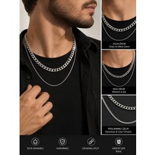 Erka Erkek Paslanmaz Çelik Kombin Kolye Seti Kalın Zincir + Ince Zincir Silver Renk Kararmaz