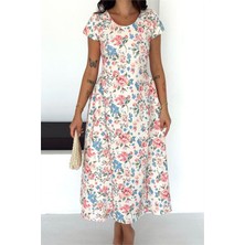 Neşeli Butik Kadın Pembe Yuvarlak Yaka Çiçekli Midi Boy Bel Bağlamalı Elbise NBK4616