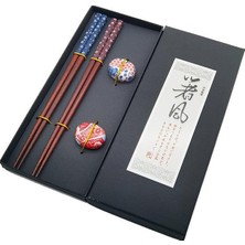 Valkyrie 2 Çift Doğal Ahşap Yemek Çubuğu Seti – Seramik Çubuk Tutacaklı Kutulu Japon Chopstick Seti