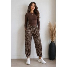 Sibel Günay Butik Kahve Leopar Desenli Saten Şalvar Pantolon | %100 Viskon, Lastikli Bel, Cepli Kadın Pantolon
