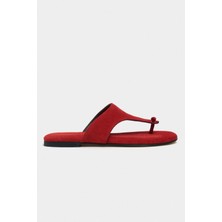 Nişantaşı Shoes Almira Kırmızı Süet Deri Düz Taban Kadın Parmak Arası Terlik