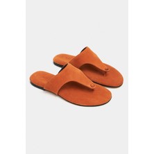 Nişantaşı Shoes Almira Turuncu Süet Deri Düz Taban Kadın Parmak Arası Terlik