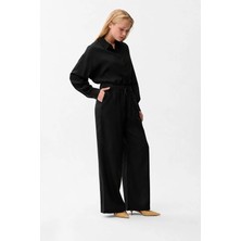 Love My Body Beli Lastikli Keten Cepli Pantolon Siyah 153L9331001