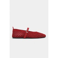Nişantaşı Shoes Belinda Kırmızı Süet Deri Zımbalı Toka Detay Düz Taban Kadın Babet