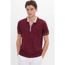 Tudors Erkek Slim Fit Dar Kesim %100 Pamuk Düz Pike Fermuarlı Bordo Polo Yaka Tişört