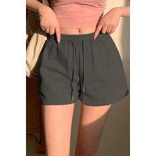 Cool Tarz Kadın Antrasit Pamuklu Iki Iplik Şardonlu Yumuşacık Beli Gipe Lastikli Kısa Şort