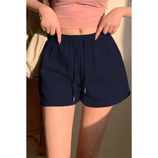 Cool Tarz Kadın Lacivert Pamuklu Iki Iplik Şardonlu Yumuşacık Beli Gipe Lastikli Kısa Şort