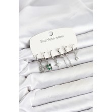Luord-Store 316L Çelik Gümüş Renk Zirkon Taşlı Zincir Kutup Yıldız Detaylı Kadın Küpe Seti