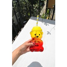 Qualitev 1 Adet Ayı Bardak Sarı Bereli Sarı Kırmızı Içecek Bardağı Pipetli Bardak Cam Ayıcık Matara