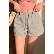 Cool Tarz Kadın Gri Pamuklu Iki Iplik Şardonlu Yumuşacık Beli Gipe Lastikli Kısa Şort