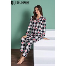 Gd Goldoremi 1958 Kadın Gömlek Yaka Önden Düğmeli Kalpli Ekoseli Uzun Kollu Pijama Takım