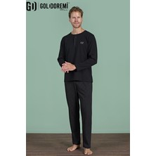 Gd Goldoremi Erkek Düğmeli Yaka Şerit Detaylı Düğmeli Yaka Uzun Kollu Pijama Takım