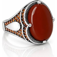 Nur Silver Ateş Rengi Taşlı Gümüş Erkek Yüzük - NUR-YZ83518