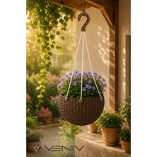 Veniv Rattan Desenli Askılı Saksı 2 Litre – Alt Tablalı Dekoratif Saksı