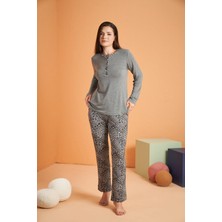 Pjs Kadın Likralı Viskon 4 Mevsim Kumaş Leoparlı Uzun Kollu Pijama Takım