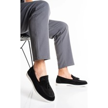 Fame Step Hakiki Deri Erkek Siyah Loafer Ayakkabı Süet Günlük Rahat Casual Mokasen Püsküllü Siena