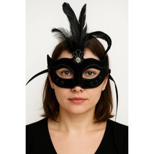İyisi Var Siyah Renk Tüylü Siyah Süet Kaplama Parti Balo Maskesi 20X16 cm